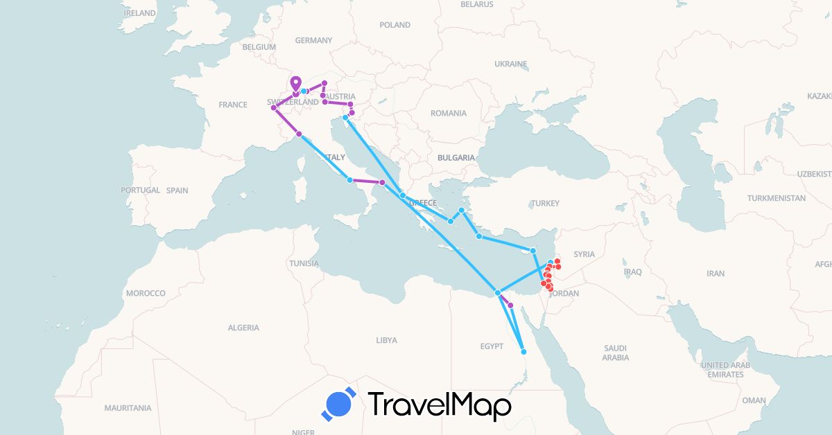 TravelMap itinerary: driving, train, hiking, boat in Austria, Switzerland, Cyprus, Germany, Egypt, Greece, Israel, Italy, Lebanon, Palestinian Territories, Slovenia, Syria (Africa, Asia, Europe)